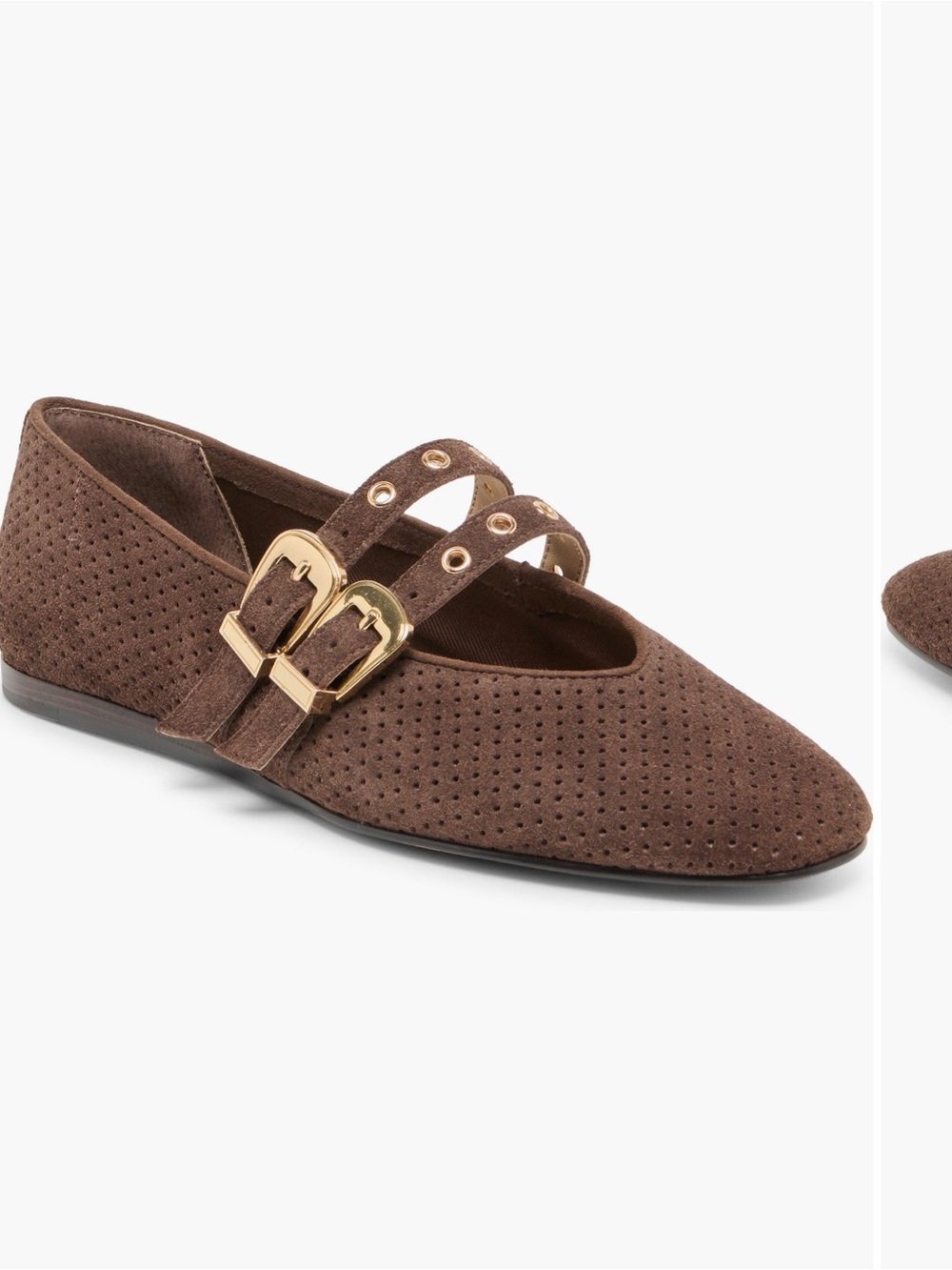 Dolce Vita Brown Suede Double-Strap Mary Jane Flats with Gold Buckles